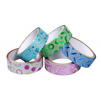 Клейкая лента декоративная пластик "Рисунки блеск" 1,5 см 3 метра МИКС