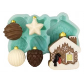Силиконовая форма №2327 Елочные игрушки с домиком конфетные