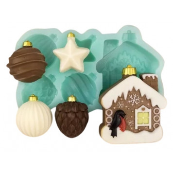 Силиконовая форма №2327 Елочные игрушки с домиком конфетные