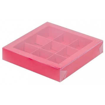 Коробка 9 конфет 15*15*3 красная с прозр.крышкой