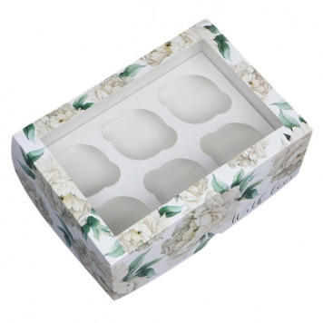 Коробка 6 капкейков 25*17*10см Пионы