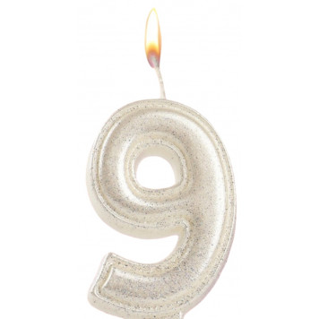 Свеча в торт «Праздник» цифра 9, жемчужный перламутр с блестками