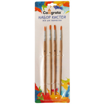 Набор кистей синтетика 4 штуки, №2, круглые, блистер, деревянная ручка