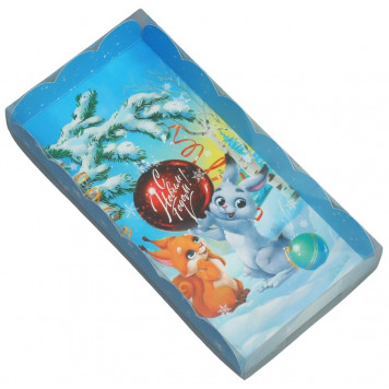 Коробка для кондитерских изделий новогодняя с пластиковой крышкой «Зайка и белочка», 10.5 х 21 х 3 см