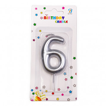 Свеча для торта Цифра 6 Серебряный 6см