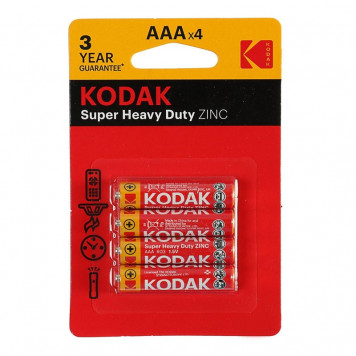 Батарейка солевая Kodak Super Extra Heavy Duty, AAA, R03-4BL, 1.5 В, блистер, 4 шт.