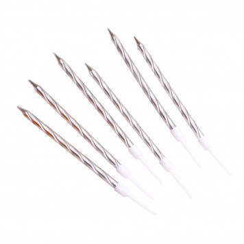 Свечи в торт "Металлик" , 14см, 6шт с подставкой, серебристые