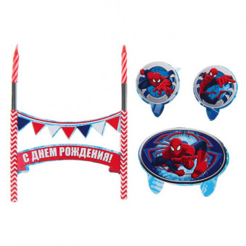 Праздничный набор для торта "С Днем Рождения" 2 свечи, Человек-паук, 12 х 20  см