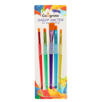 Набор кистей синтетика 5 штук плоские с цветными ручками с резиновыми держателями