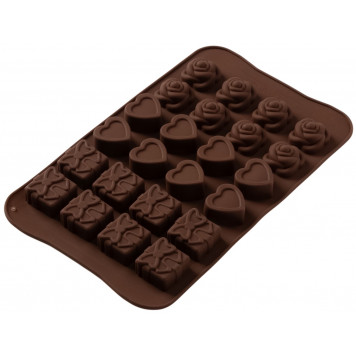 Форма для конфет и шоколада Доляна «Подарок, сердце, роза», силикон, 23.2×13.8×1.1 см, 24 ячейки (2.6×2.6×2 см), коричневая