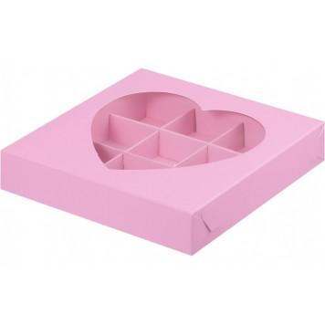 Коробка 9 конфет с окошком сердце розовая