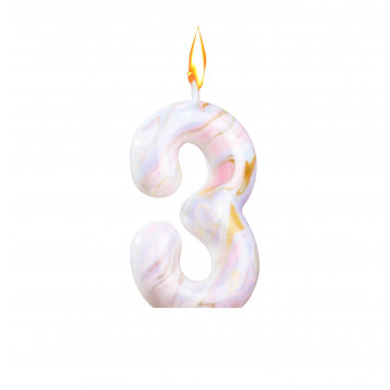 Свеча в торт "Белый мрамор", цифра "3", 5,5 см