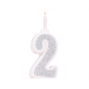 Свеча для торта "Суперблеск", 12.7 см, цифра "2", серебряная блестка