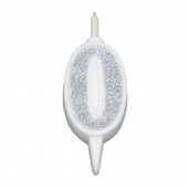 Свеча для торта "Суперблеск", 12.7 см, цифра "0", серебряная блестка