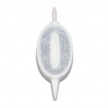 Свеча для торта "Суперблеск", 12.7 см, цифра "0", серебряная блестка