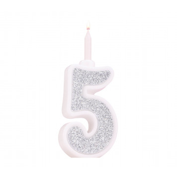 Свеча для торта "Суперблеск", 12.7 см, цифра "5", серебряная блестка