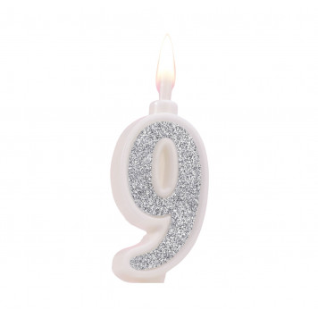 Свеча для торта "Суперблеск", 12.7 см, цифра "9", серебряная блестка