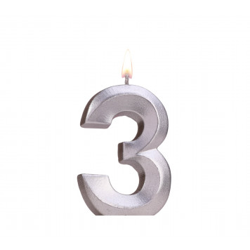 Свеча в торт "Грань", цифра "3", серебряный металлик, 7.8 см