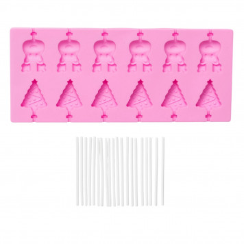 Форма для леденцов Доляна «Новый год», 25×10,5×1 см, 12 ячеек, с палочками, цвет розовый